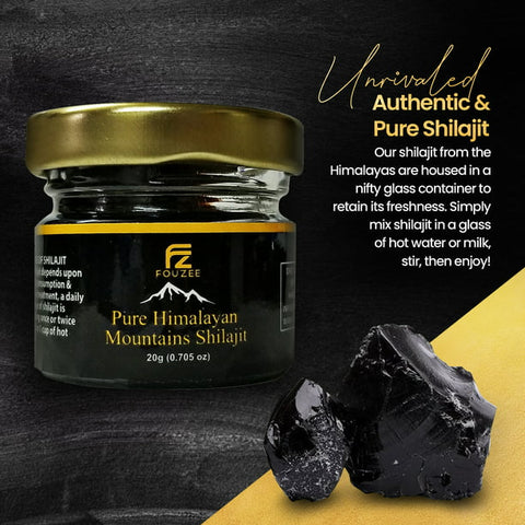 FOUZEE Pure Himalayan Mountains Shilajit - Authentic Hard Consistency, Natural Source of Fulvic Acid, Over 85 Trace Minerals, Includes Stainless Steel Spoon (20 Grams)